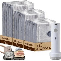 15 Pack Travel Vacuum Storage Bags with Rechargeable Air Pump Space Saver Set