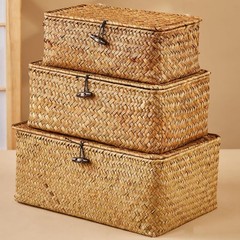 Natural Seagrass Storage Basket Set 3-Piece with Lids Handwoven Boxes