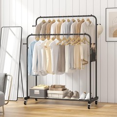 Double Rods Garment Rack with Wheels, Clothing Rack for Hanging Clothes,4 Hoo…