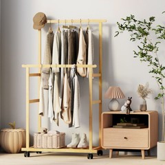 XXL Heavy Duty Bamboo Clothes Rail Garment Stand Hanging Rack with Rolling Wheel