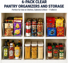 6 Pack Clear Organizer Bins 11X8X6In Pantry Organizers and Storage | Clear Conta