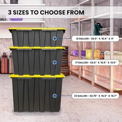 8 PACK of 12 Gallon Medium Black & Yellow Storage Bins | Plastic Tote Organizing