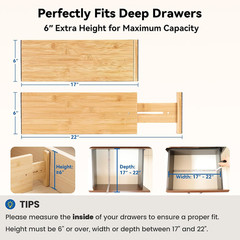 4 Pack Deep Drawer Dividers, 6″ High Bamboo Expandable Drawer Organizers, 17-22″