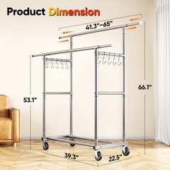 HOKEEPER 450lbs Heavy Duty Double Rails Clothes Rack with Shelves Wheels Silver