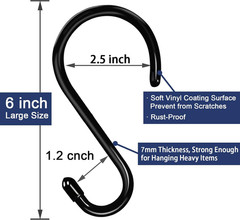 6 Inch Heavy Duty Vinyl Coated S Hooks Black for Plants, Kitchen, Closet – 4 Pac