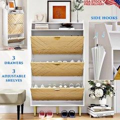 MODERN SHOE CABINET ORGANIZER WITH 3 FLIP DRAWERS ADJUSTABLE SHELVES SIDE HOOKS