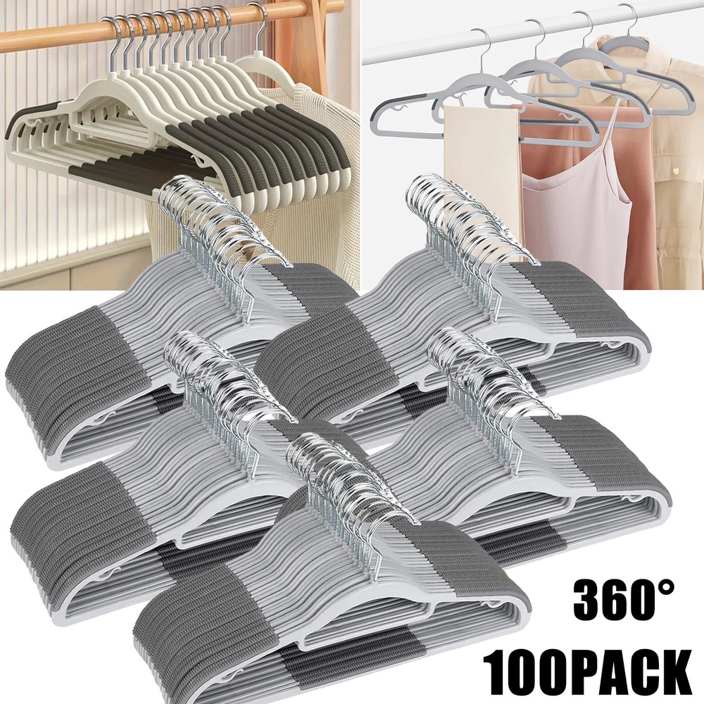 100 Pack Plastic Hangers Non Slip for Clothes Coat Heavy Duty 360° Swivel Hook