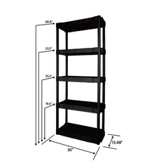 Hyper Tough 5-Tier Black Plastic Shelf Unit, 68.8 H x 30 W x 13.88 D, 350 lb Cap