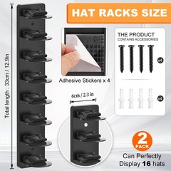2PCS Hat Organizer For Baseball Caps Wall Rack Holds 16 Hat Adhesive Screw Mount