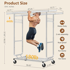 2-Minute Assembly Double Rod Clothes Rack, Heavy Duty Rolling Clothing Racks wit
