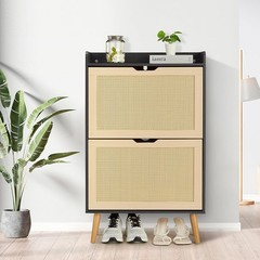 9.25” Slim Shoe Storage Cabinet w/ Flip Drawers, Woven Rattan Doors for Entryway
