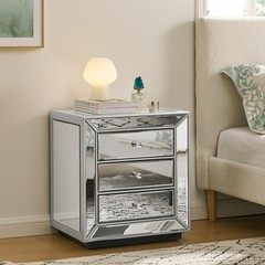 Bead Mirror 3 Drawer Bedside Cabinet MDF Glass American Traditional Nightstand