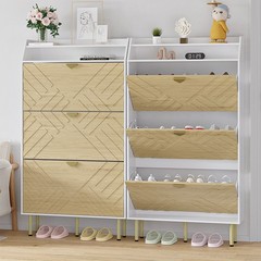 MODERN SHOE CABINET ORGANIZER WITH 3 FLIP DRAWERS ADJUSTABLE SHELVES SIDE HOOKS