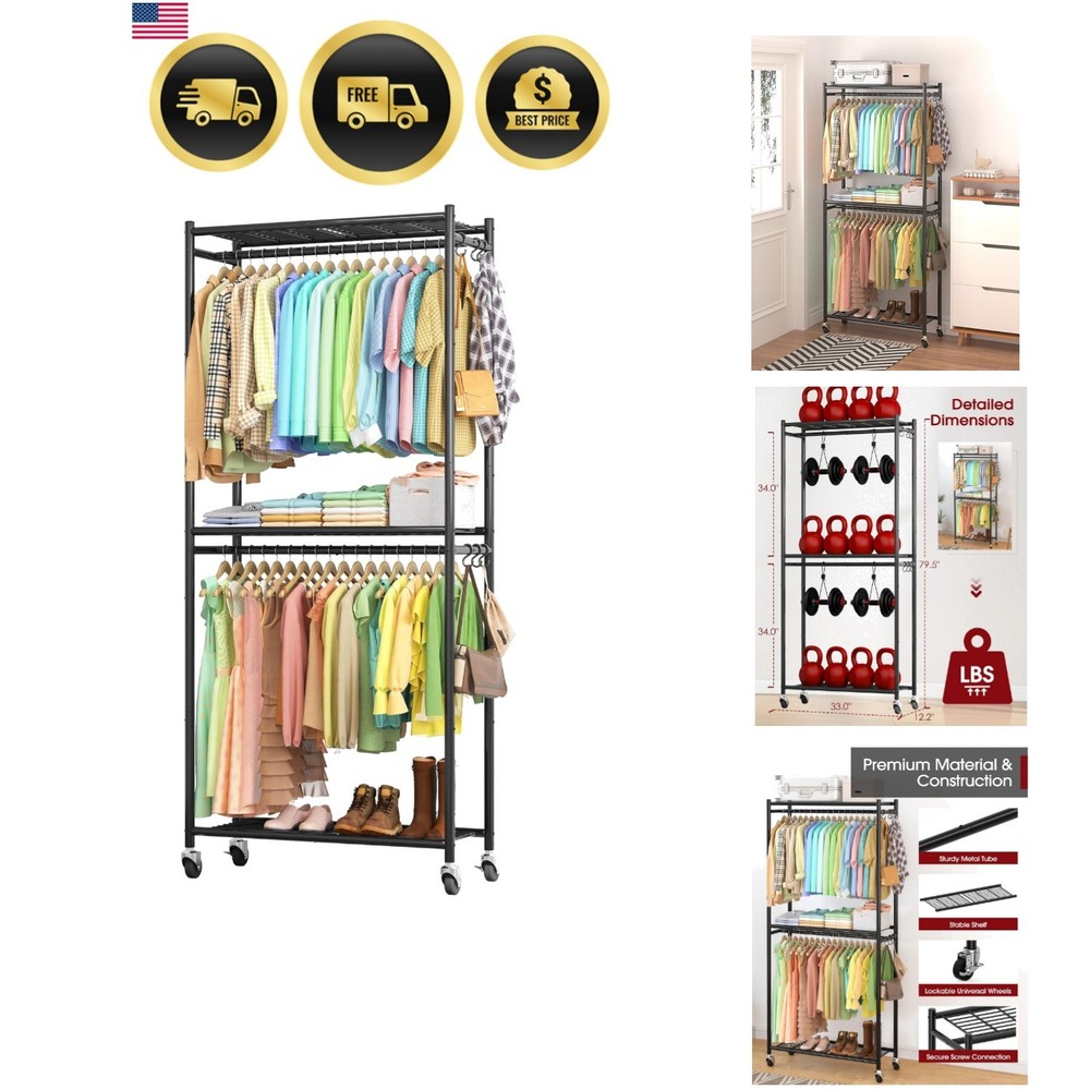 Clothes Rack – 33.0″ x 12.2″ x 79.5″ Clothing Rack with Shelves & Wheels, Mul…