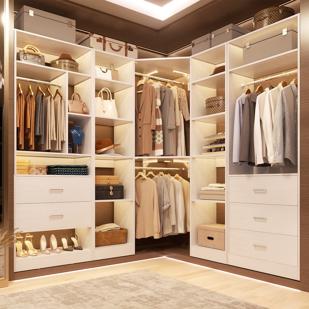 Corner Walk-in Closet Organizer System with 5 Wooden Drawers & Storage Shelves