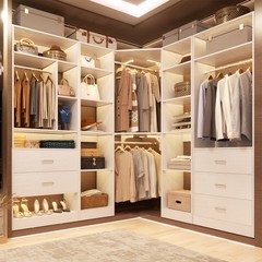 Corner Walk-in Closet Organizer System with 5 Wooden Drawers & Storage Shelves