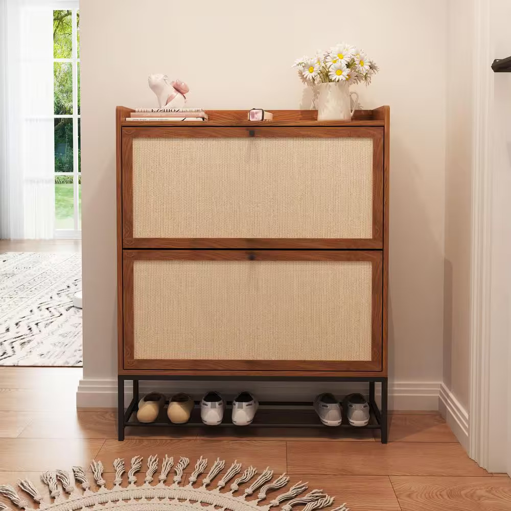 Walnut Wooden Shoe Storage Cabinet with Flip-Up Drawer (9.25 In. D X 31.5 In. W