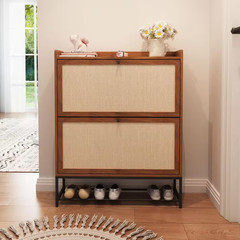 Walnut Wooden Shoe Storage Cabinet with Flip-Up Drawer (9.25 In. D X 31.5 In. W