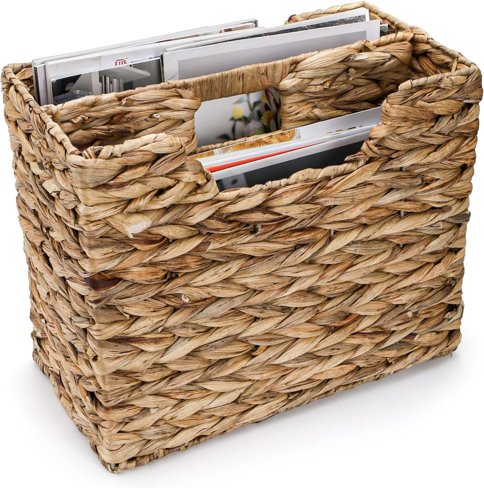 Natural Water Hyacinth Magazine Basket with Handle – 2 Compartment Organizer
