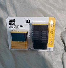 Set Of 10 Mini Plastic Black Tote Bins With Yellow Lids