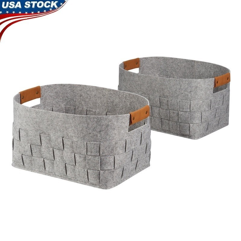 Medium Woven Felt Storage Baskets Set of 2 W/ Faux Leather Handles Organizing US