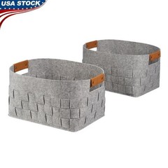 Medium Woven Felt Storage Baskets Set of 2 W/ Faux Leather Handles Organizing US