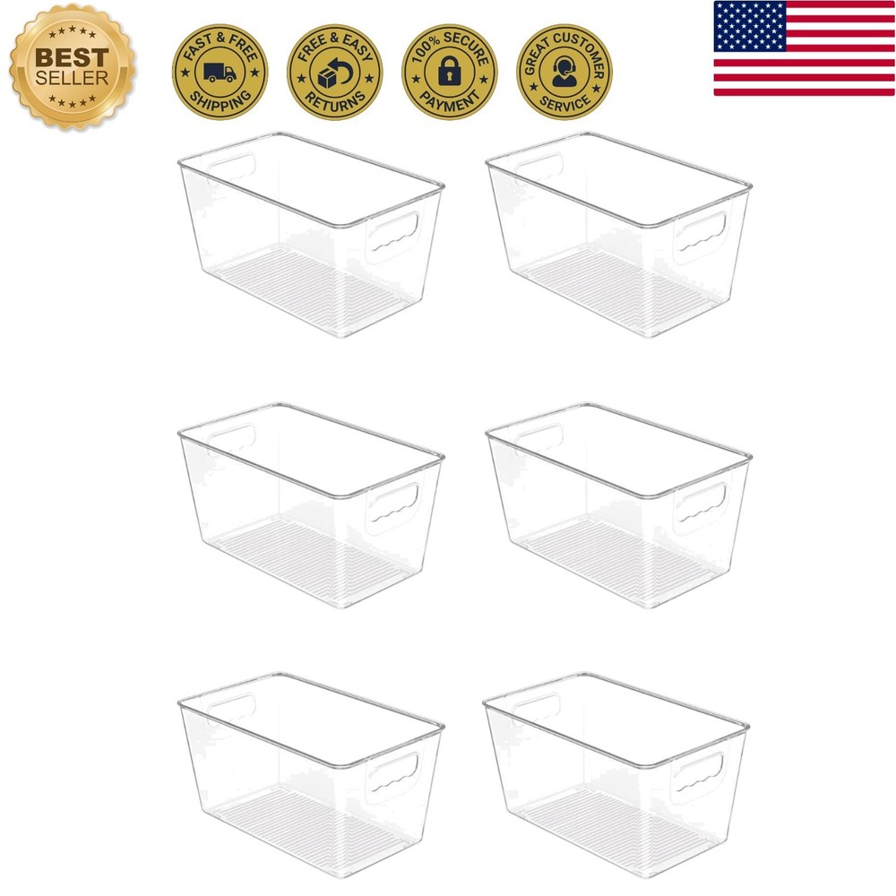 Clear Plastic Storage Bins – 6 Count with Handles for Easy Kitchen Organization