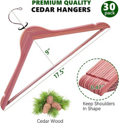 30 Pack Cedar Coat Hangers, Wooden Suit Hangers with Non-Slip Pant Bar, Cedar Ha