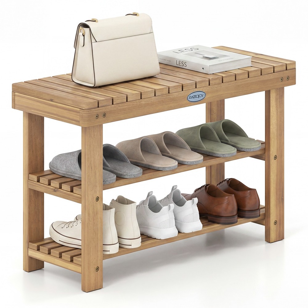 3-Tier Solid Wood Shoe Rack Bench Free Standing Shoe Organizer w/Slatted Shelves
