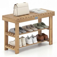 3-Tier Solid Wood Shoe Rack Bench Free Standing Shoe Organizer w/Slatted Shelves