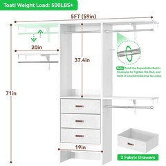 5FT Small Closet System with 3 Fabric Drawers 60 Inches Walk In Closet Organizer