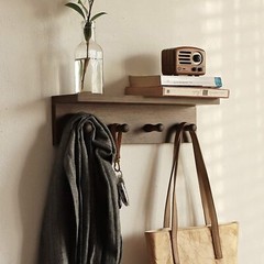Walnut Color Wall-Mounted Wooden Entrance Coat Rack with Hooks and Shelf Rustic
