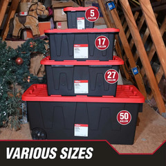 Hyper Tough 27 Gallon Storage Bin W/ Snap Lid, Black/Red Heavy Duty Container.