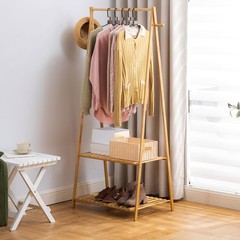 Bamboo Clothing Rack with Top Hanging Garment Rod, 2 Side Hooks & Bottom 2-Ti…