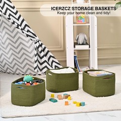 4 PCS Green Woven Cotton Rope Small Storage Book Basket 12.5×9.1×7.9 Inch