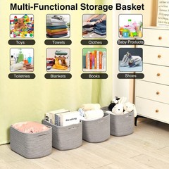 Small Storage Baskets Woven Cotton Rope Shelf Book Bin Grey 12.5×9.1×7.9 4 Pack