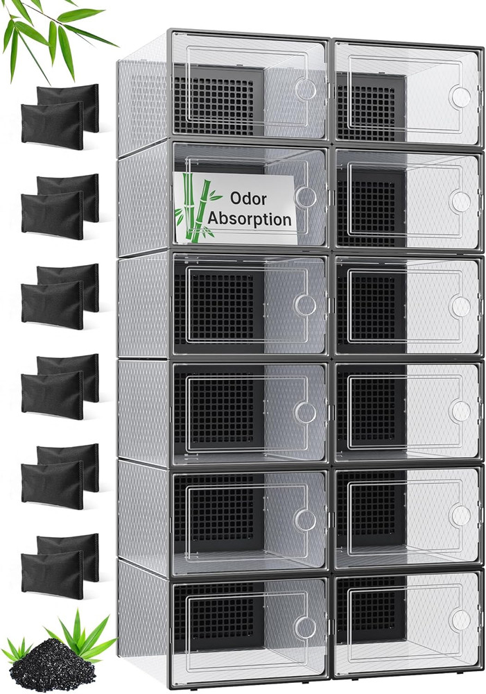 X-Large Stackable Shoe Storage Boxes with Odor Absorber – 12 Pack, Black