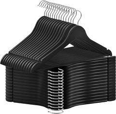30 Wooden Coat Hangers with 360° Swivel Hook & Anti-Slip Notches – Black