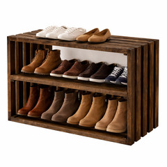 Rustic Wooden Shoe Rack Bench – 2-Tier Entryway Organizer in Dark Walnut – 28″