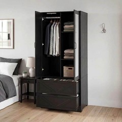Farmhouse Wooden Closet Organizer Mirror Wardrobe with Drawers and Hanging Rods