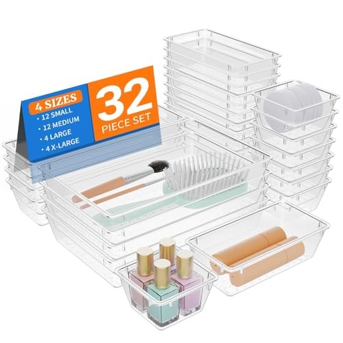 32 PCS Plastic Drawer Organizer Set, 4-Size vanity organizer Trays and Clear