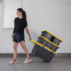 27 Gal. Tough Storage Tote with Wheels and Handle in Black and Yellow