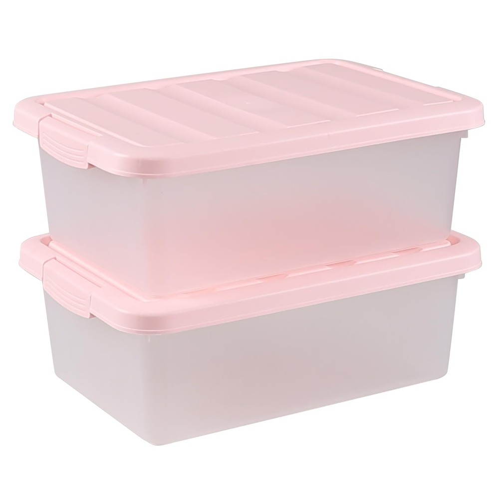 2 Pack 14 Quart Frosted Clear Storage Box Plastic Latching Bin Pink Lid