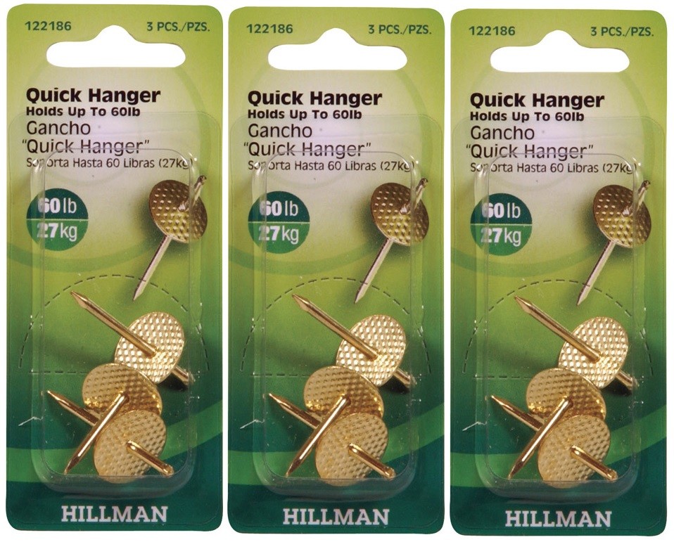 3 Hillman AnchorWire 60lb Brass One Piece Quick Wall Hanger Picture 3pk 122186