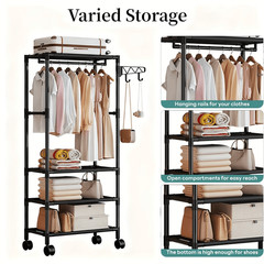 1pc Heavy Duty Freestanding Clothes Rack with Wheels & Hooks
