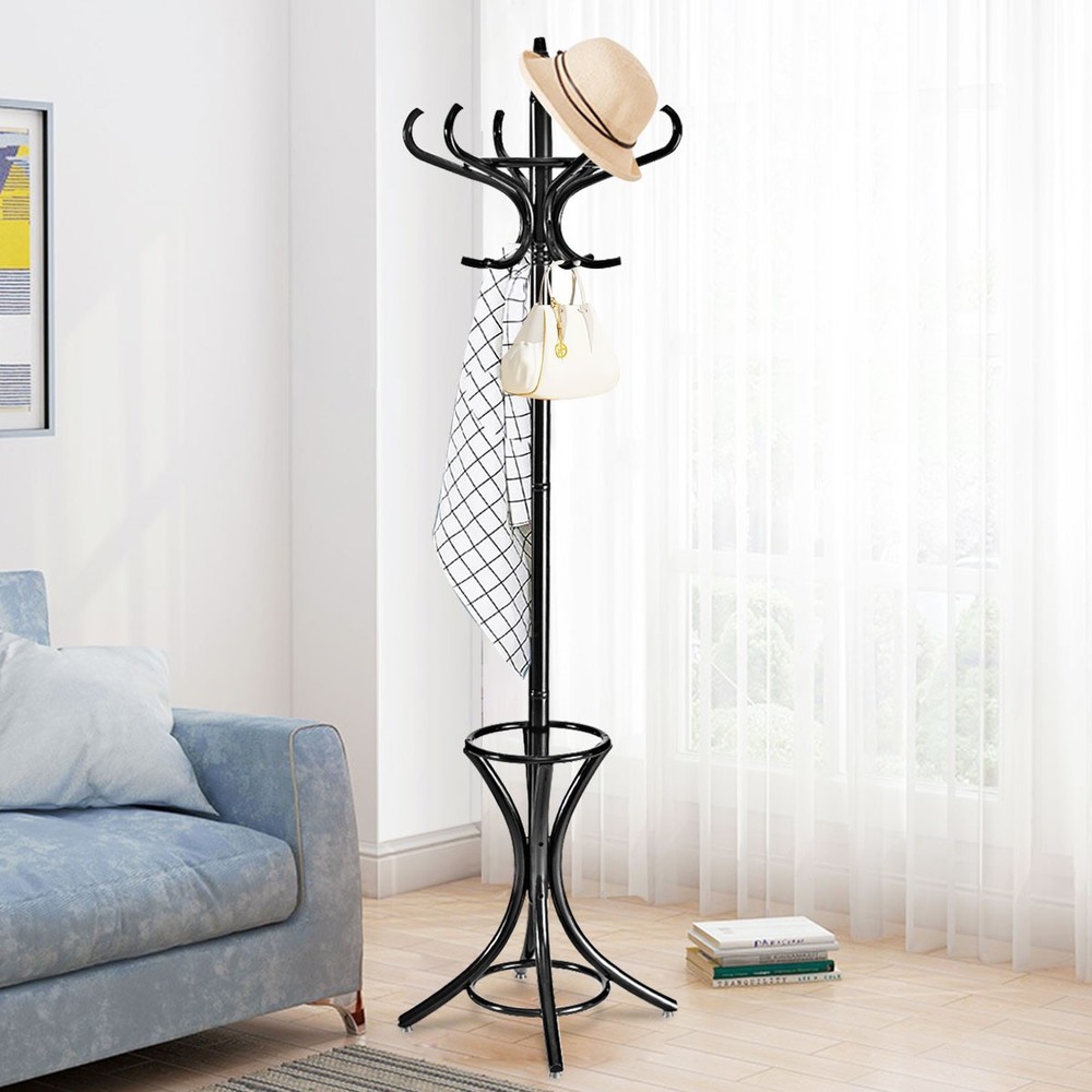 Wood Standing Hat Coat Jacket Bag Hanger with Umbrella Stand & 12 Hooks Black