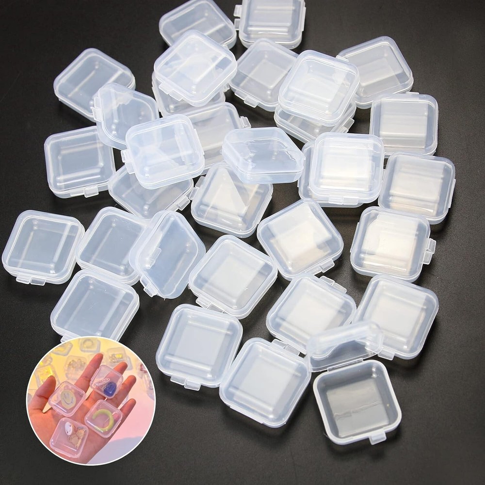 40pcs Mini Small Clear Plastic Storage Box Hook Jewelry Earplugs Container Case