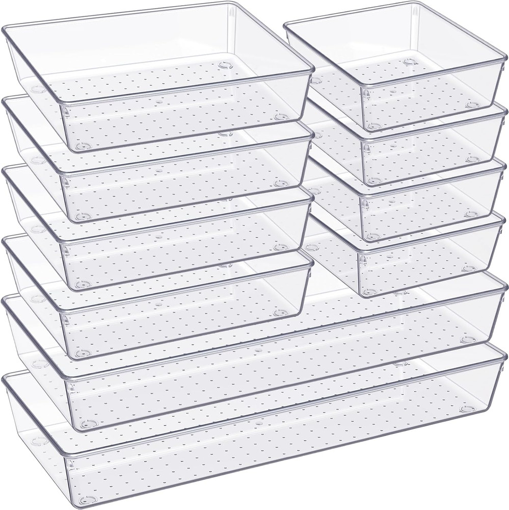New Drawer Organizer 10 Pack Large Clear Plastic Set 3 Size Versatile Bathroom