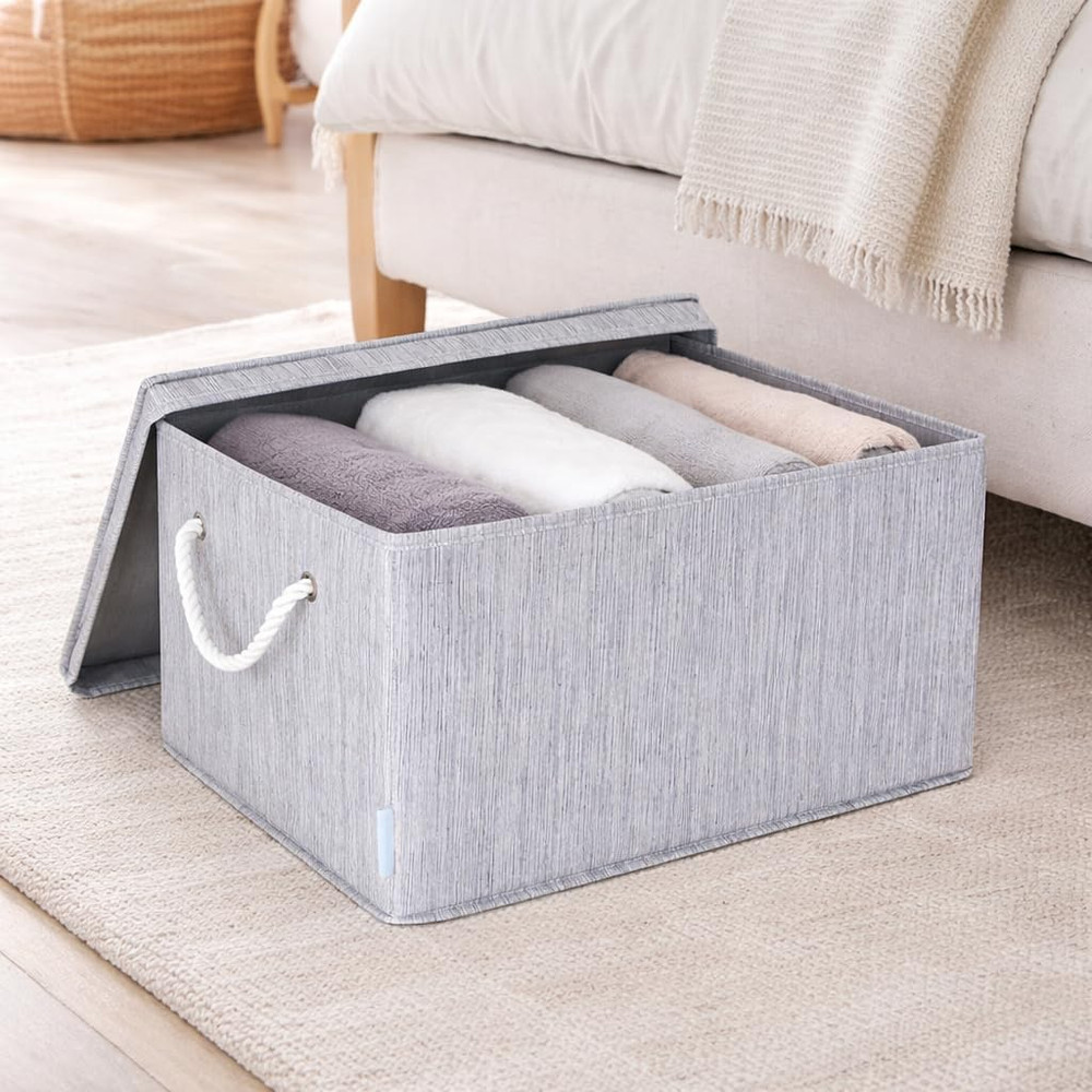 Large Grey Storage Baskets with Lid – 2 Pack, Collapsible Organizer Bins
