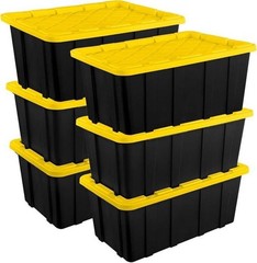 27 Gallon Durable Plastic Storage Tote Snap-On Lid, Black and Yellow, 6 Pack